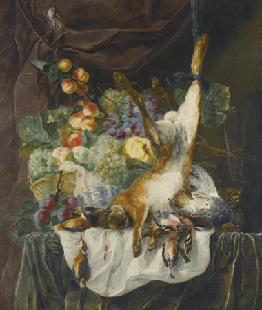 Still life of a hare, game and songbirds before a still life of fruit in a basket on a ledge, Jan Fyt, circa 1660