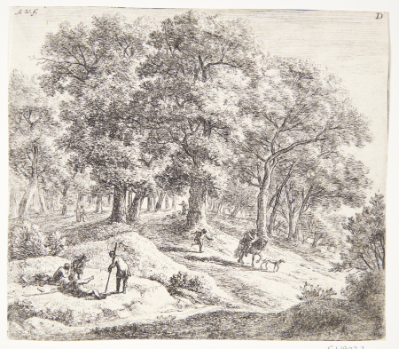 Forest path with wayfarers resting, Antonie Waterloo