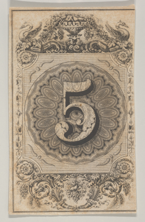 Banknote motif: the number 5 set against a scallop-edged circle of ornamental lathe work, within a rectangle with cut off corners, the top adorned with a vase and swans, the bottom with fruit and grain, circa 1824–42