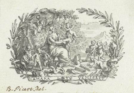 Vignet met zittende vrouw omringd door putti, RP-T-1951-86, Bernard Picart, between 1683 and 1733