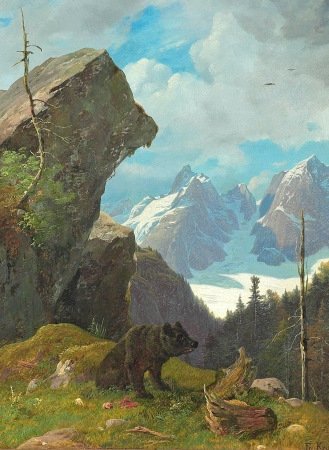 A bear in the Alps with snowclad peaks in the background., Frederik Kraft, between 1841 and 1854