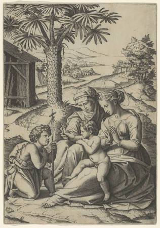 The Virgin and Child with St. Elizabeth and John the Baptist, called 'The Virgin of the Palm Tree', Marcantonio Raimondi, circa 1520–25