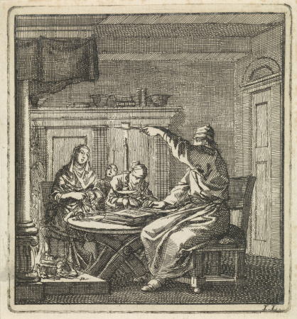 Man dooft een kaars met een kaarsendover De Kaarssnuiter, RP-P-1896-A-19368-2664, Jan Luyken, 1711