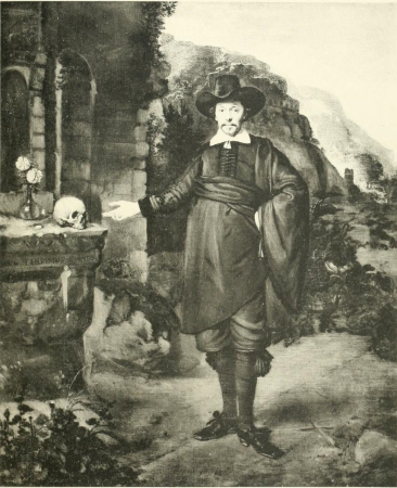 Portrait of a man by a ruin, pointing at a skull and a vase with flowers, Thomas de Keyser, 1656