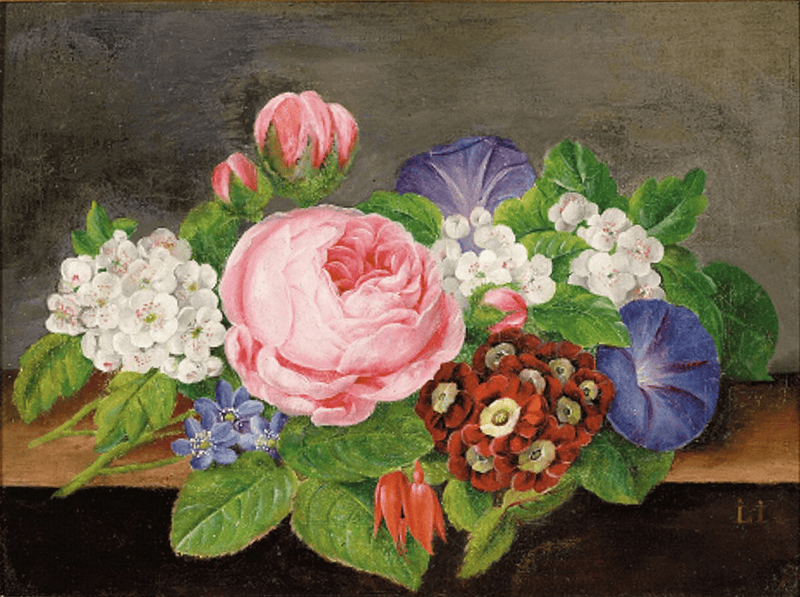 Roses and branches of fruit trees in bloom on a ledge., Lucie Ingemann, between 1810 and 1868