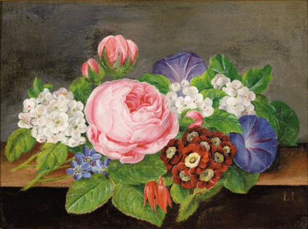 Roses and branches of fruit trees in bloom on a ledge., Lucie Ingemann, between 1810 and 1868