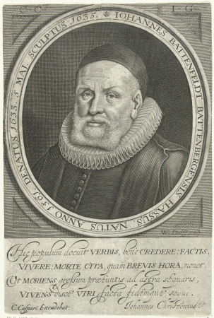 Portret van Luthers predikant Johan van Batteveld Iohannes Battenfeldt Battenbergensis Hassus (titel op object), RP-P-1909-1053, 1635