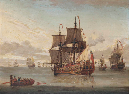 The Royal Yacht Carolina drifting into an anchorage with dignitaries being rowed out to meet her, L. de Man, circa 1725