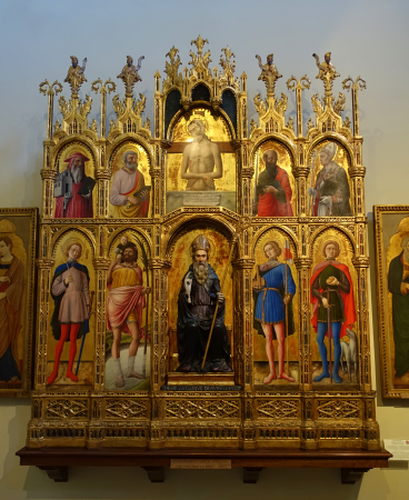 St Anthony Abbot between Sts Sebastian, Christopher, etc, Pieta between Sts Jerome, Peter, etc, by Antonio & Bartolomeo Vivarini, 1464, tempera, inv. 40303 - Pinacoteca Vaticana - Vatican Museums - DSC01208