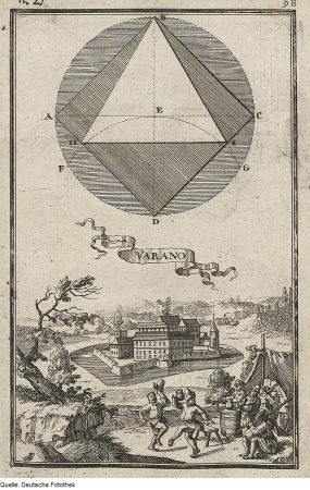 Construction of an equilateral triangle in a given quadrilateral, view of the Hungarian town and fortress Varano, 1698
