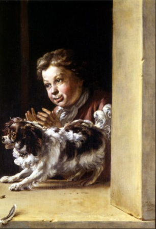 Child and dog in a trompe l'oeil window, Jan Weenix, between 1700 and 1719