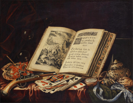 A still life of an open book, bubbles, coral, a flintlock pistol, playing cards, a pocket watch on a blue silk ribbon and a variety of shells on a table draped with a red and a green cloth, Simon Renard de Saint-André, 1660 - 1677
