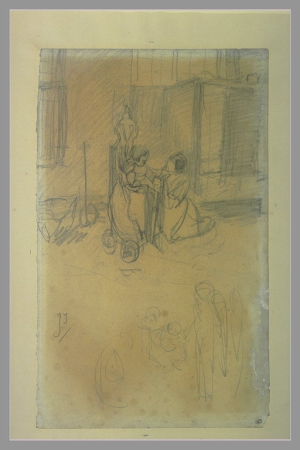 Israëls - Une femme accroupie devant une petit enfant dans son fauteuil à roulettes, RF 23612, Recto, Jozef Israëls