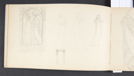 Two figures in profile, wearing cloaks and set in an ornamented frame, as well as three studies of a woman in a long dress, Agnes Slott-Møller