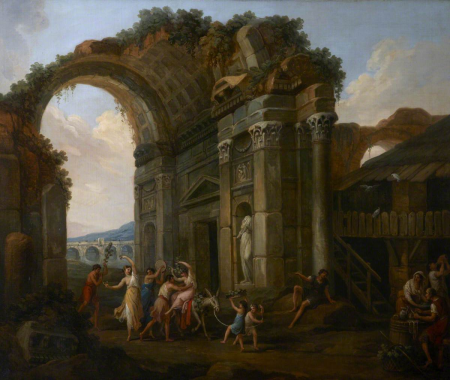 A Procession of Classical Figures with a Donkey and a Tambourine (a set of six decorative wall panels), Antonio Zucchi, 1781