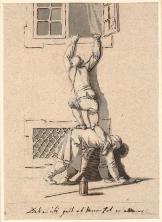 A guard helps a gentleman through a window, Nicolai Abildgaard, 1787