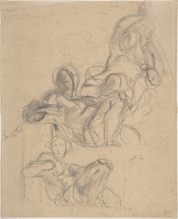 Sheet of figure studies: two studies of a reclining figure, and a seated figure holding a lyre (?)., Eugène Delacroix