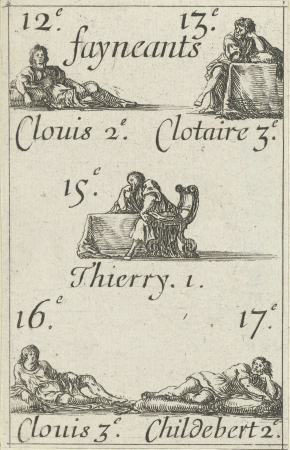 Clovis II, Chlotharius III, Theuderic I, Clovis III en Childebert II. Clouis 2e Clotaire 3e Thierry 1 Clovis 3e Childebert 2e (titel op object) Kaartspel met heersers van Frankrijk (serietitel) Cartes des rois de Fran, RP-P-OB-34.942, Stefano della Bella, between 1620 and 1664