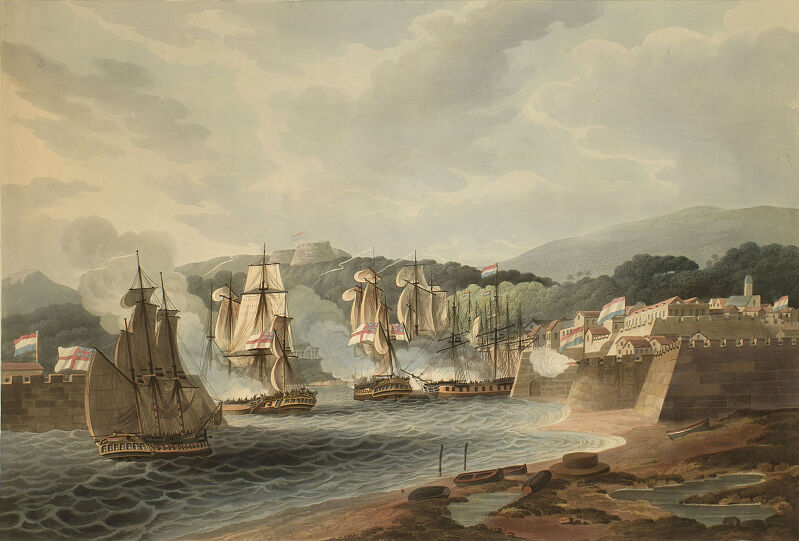 Taking the ISLAND of CURACOA, by SIR CHA.S BRISBANE and the Officers under his Command; CAP.TNS LYDARD, WOOD and BOLTON, Commanding H.M.S.'s ARATHUSA, LATONA, ANSON and FISGUARD, Jan.y 1. 1807., Edward Orme, 4 June 1809