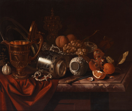 Still life with objects of silver, fruits and a knife, Pieter Gerritsz van Roestraten, from 1660 until 1680