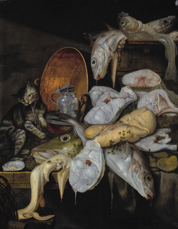Still life of fish and a cat, with a copper basin, by Jacob Gillig, 1672