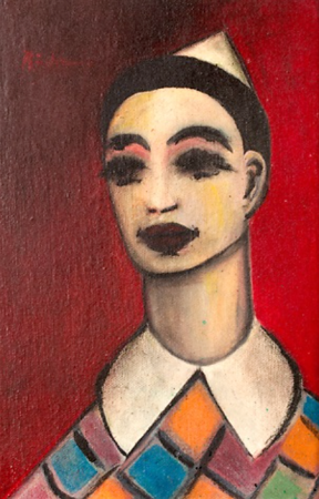 Harlequin with a brightly patterned jacket., Carl Buchner, after 1900