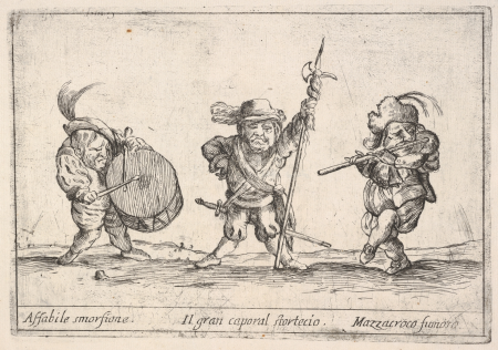Callot figures; a dwarf man playing the drum at left, a beefeater in center, a flute player to right,'Six grotesques' (Six pièces de figures grotesques), Stefano della Bella, 1684