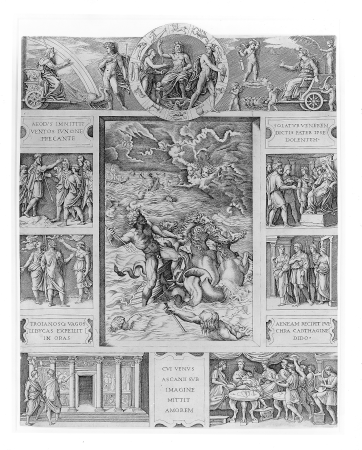 Neptune calming the tempest which Aeolus raised against Aeneas' fleet from Book I of the Aeneid, Marcantonio Raimondi, circa 1515–16