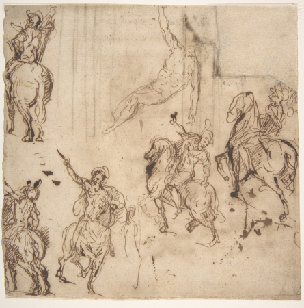 Studies of Horsemen and Study of a Figure for a Deposition (recto); Sketch for an Entablature (verso), Palma il Giovane, between 1548 and 1628