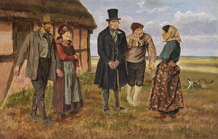 Farmers in front of a thatched house on the heath., Hans Smidth, between 1857 and 1917