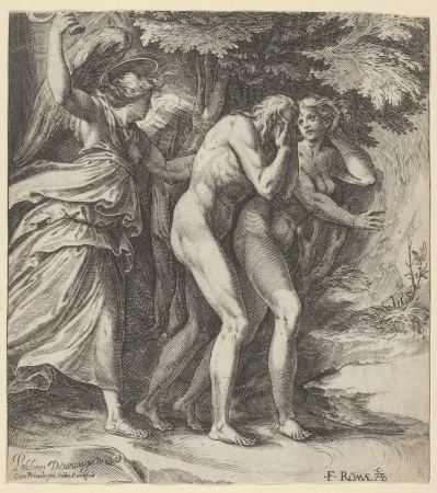 The Expulsion from Paradise with an Angel wielding a sword behind Adam and Eve, Cherubino Alberti, between 1570 and 1615