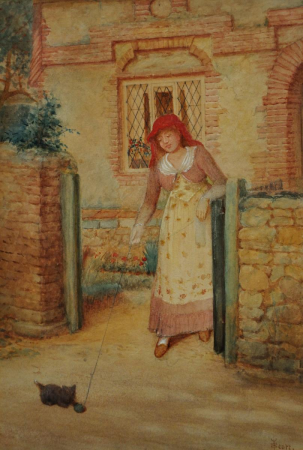 Playing with a kitten, John Scott, before 1919