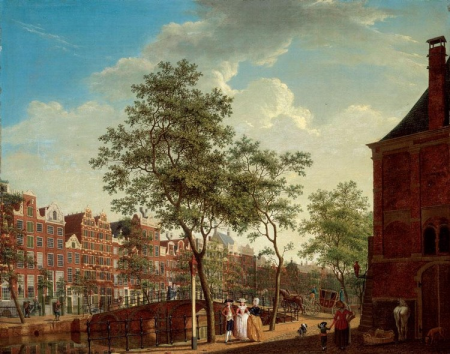 A view on the Keizersgracht from the Westermarkt, with the Westerhal on the right, elegant figures conversing in the foreground, a horse-drawn carriage crossing a bridge, Amsterdam, Isaac Ouwater, 1787