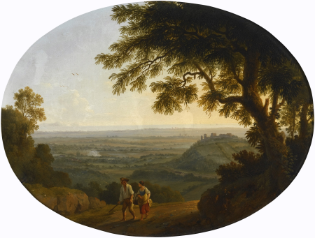 A view across the Alban Hills a hilltop on the right and the ses in the far distance, Jacob Philipp Hackert, 1772
