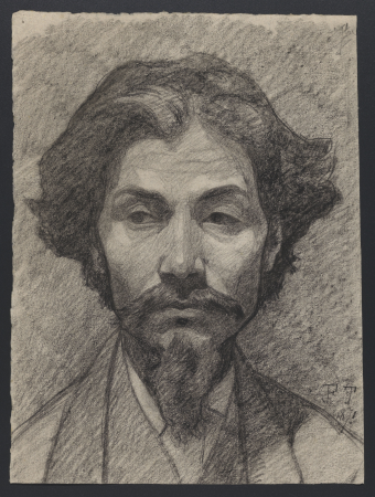 Portrait of a man with a moustache and goatee, facing, looking to the right [portrait of Félicien Rops?]: [on the back: character studies], Jean-François Taelemans, 1871