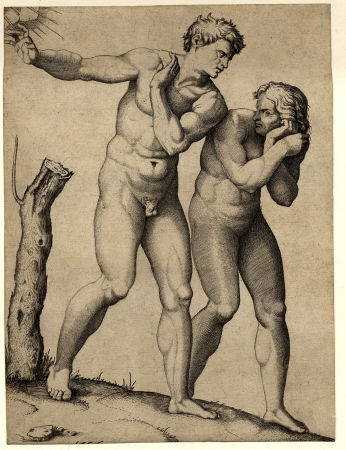 Marcantonio - Adam and Eve being driven out of Paradise; a cloud and rays at top left. c.1515-20, H,1.5, Marcantonio Raimondi