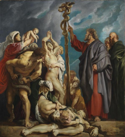 Anyone who is bitten by a snake is cured by looking at the brazen serpent raised by Moses (Numbers 21:6-9), Peter Paul Rubens, circa 1610