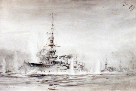 HMS 'Calypso' at the Second Battle of the Heligoland Bight, 17 November 1917 RMG PW1812, William Lionel Wyllie