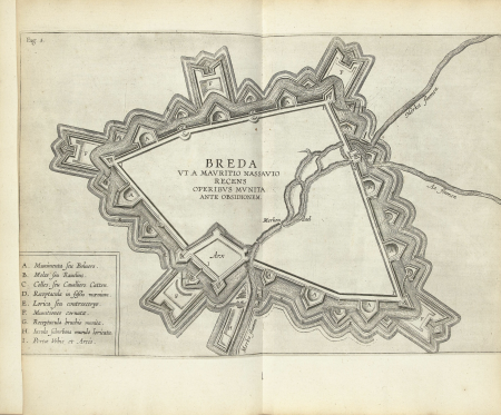 Plattegrond van Breda, 1624-1625 Breda ut a Mauritio Nassauio recens operibus munita ante obsionem (titel op object), BI-B-FM-013B-2, between 1625 and 1626