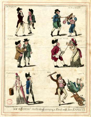 Six different methods of carrying a stick with their effects, Isaac Cruikshank, 1796