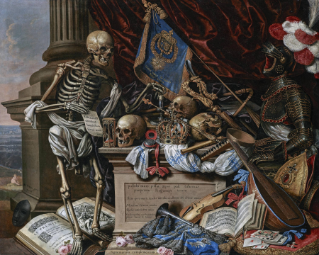 Vanitas Still Life with Musical Instruments, Sheet Music, Books, a Skeleton, Skulls and Armour, Carstian Luyckx, circa 1650