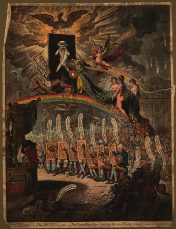 Titianus redivivus; -or- the seven-wise-men consulting the new Venetian oracle, -a Scene in ye Academic Grove. No 1, James Gillray, 1797