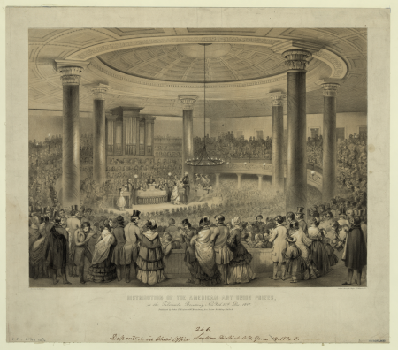 Distribution of the American Art Union prizes, at the Tabernacle, Broadway, New York, 24th Dec. 1847 - on stone by Davignon ; lith. of Sarony & Major 117 Fulton St. N.Y. LCCN2003664101, Francis D'Avignon, 1848