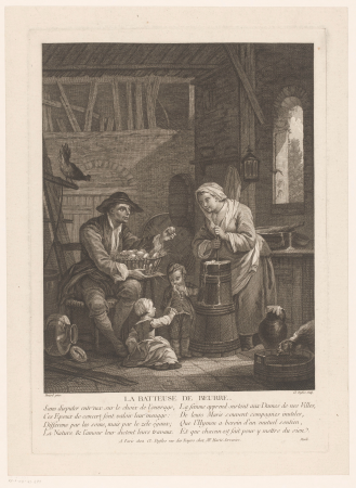 Interieur met een vrouw die boter karnt en een man met eiermand La batteuse de beurre. (titel op object), RP-P-OB-43.271, Claude-Augustin Duflos, between 1710 and 1786