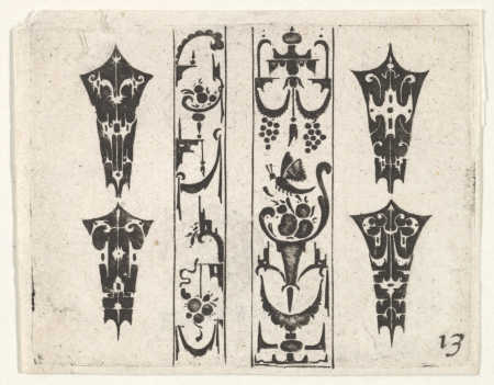 Blackwork Print with Two Vertical Panels and Four Bezels, circa 1620