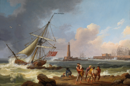 The port of Livorno with the rescue of shipwrecked people in the foreground and a battleship of the Imperial Russian fleet under Admiral Count Orlow in the background., Jacob Philipp Hackert, 1770s