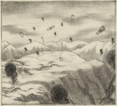 Context- "The drawing of archie bursting over the mountains might be interesting, as I think it gives some idea of the feeling of it." (extract from a letter of 7 April 1918.) Art.IWMART4487, Sydney Carline
