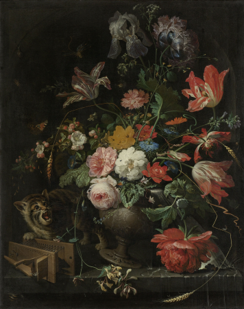 Flower still life with cat and mouse trap., Abraham Mignon, circa 1670