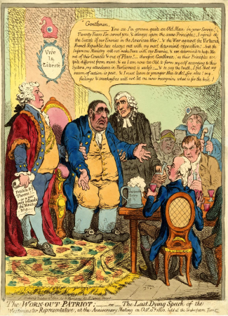The Worn-out Patriot:-or-The Last Dying Speech of yhe Westminster Representative, at the Anniversary Meeting on Octr. 10th. 1800. held at the Shakespeare Tavern., James Gillray