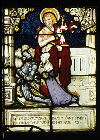 St. John the Baptist standing behind donor, Hanns Baumgartner, and his family (one of a pair), Hans Wertinger, 1528